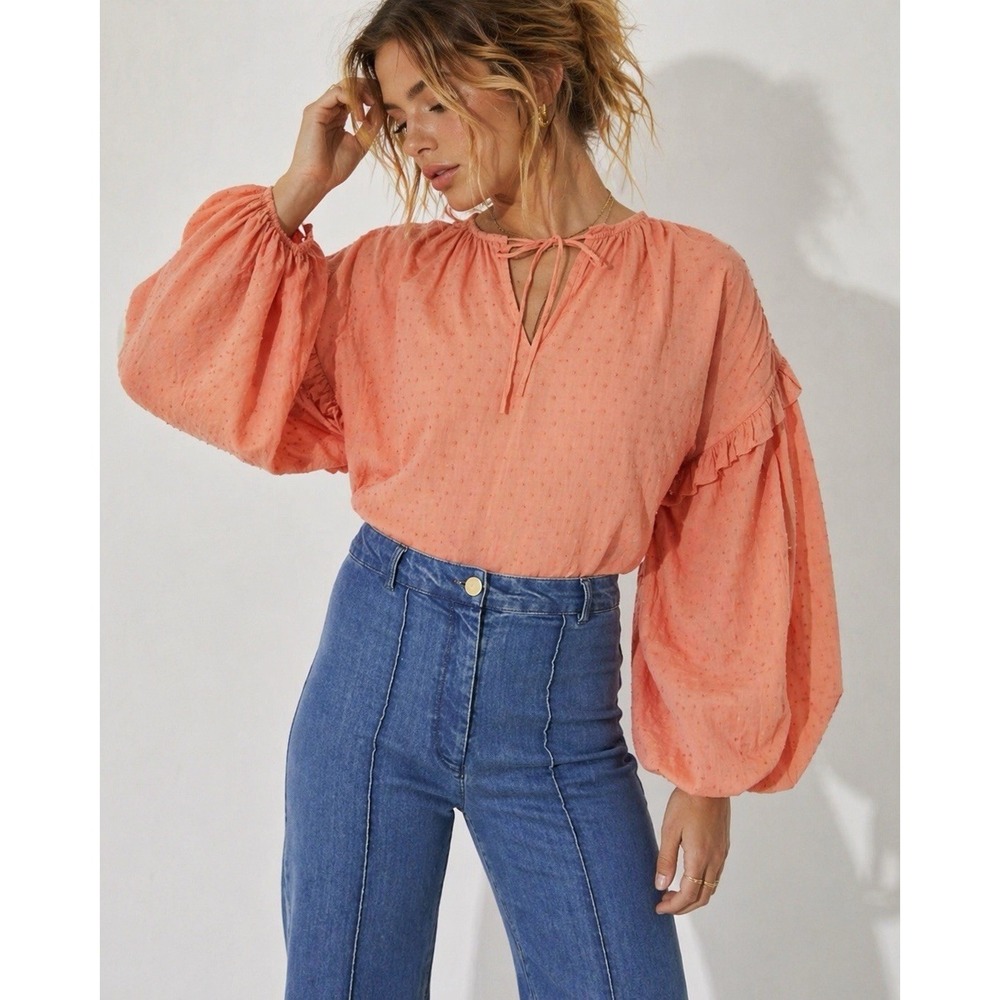 Cleobella Women M Phoenix Long Puff Sleeve Blouse Pirate Top Orange Boho Peasant